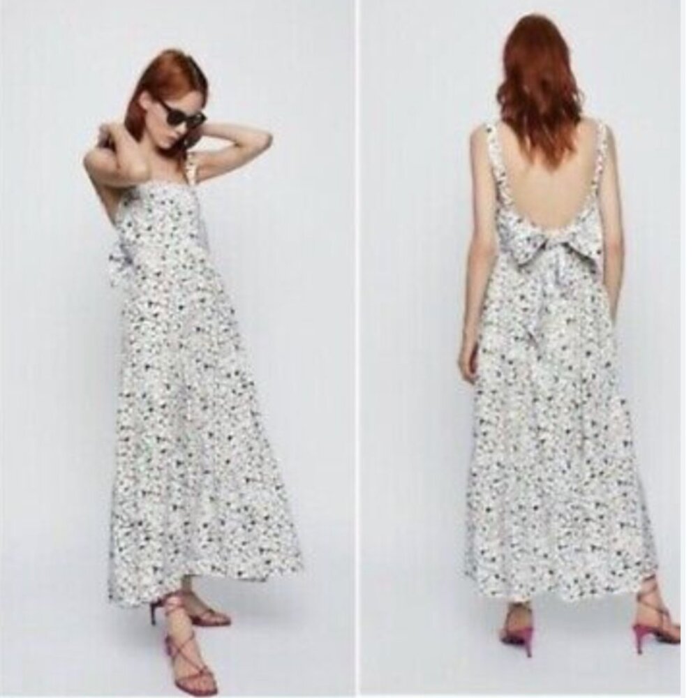 Zara White Floral Maxi Dress with Back Bow